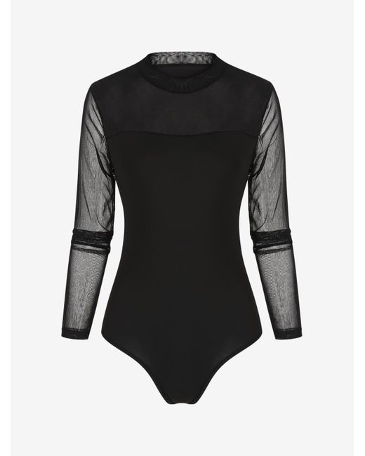 Zaful Cotton Bodysuits Sheer Mesh Panel Mock Neck Bodysuit in Black | Lyst