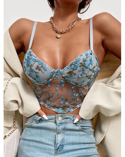 Zaful Tank Tops Floral Embroidered Picot Trim Lace Bralette Top in Light  Blue (Blue) | Lyst