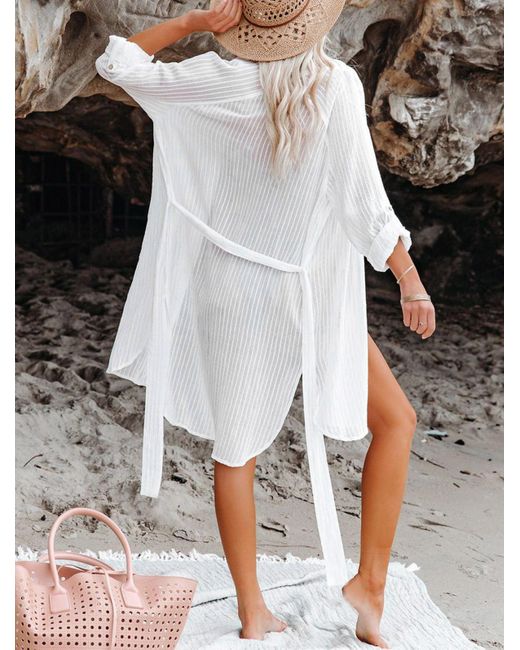 Zaful Beach Vacation Bikini Cover Ups Striped Semi-sheer Button Up Raglan  Long Roll Tab Sleeve Slit Side Belted Mini Shirt Dress in White | Lyst UK