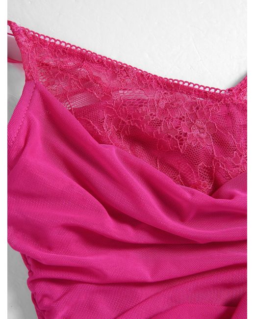 Zaful Pink Sexy Lace Insert Mesh Overlay Spaghetti Strap Ruched Backless Slit Midi Bodycon Pencil Dress