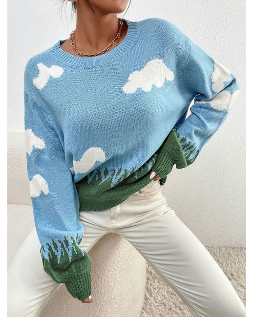 Zaful Blue Cloud Grass Graphic Lantern Sleeve Sweater