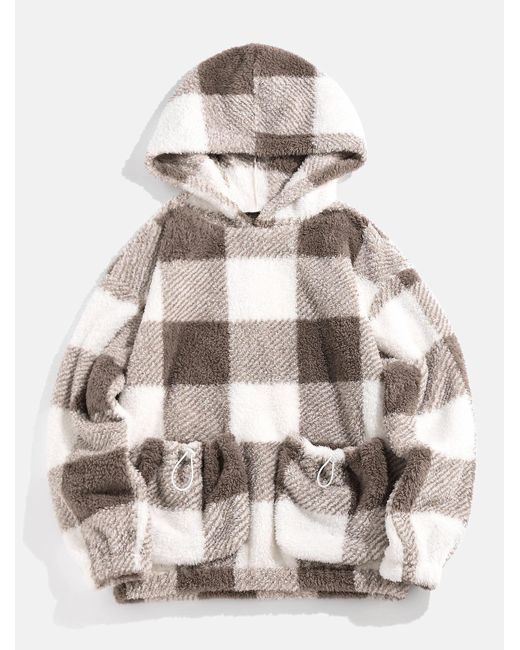 Zaful Hoodies Pockets Double Plaid Fluffy Hoodie | Lyst UK