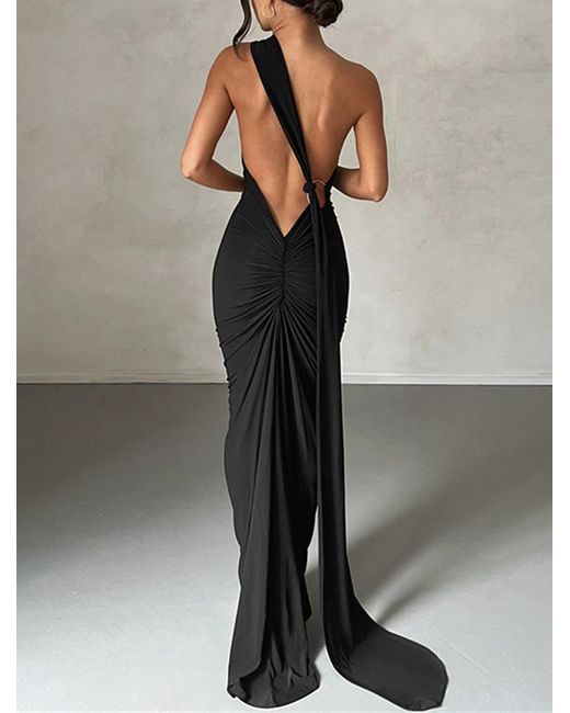 Zaful Gray Sexy Elegant Backless Ruched Metal O-ring Decor One Shoulder Prom Evening Gown Train Maxi Vegas Dress
