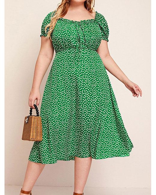 Zaful Plus Size Ditsy Print Tie Ruffle Puff Sleeve Midi Vacation Dress in  Green | Lyst UK