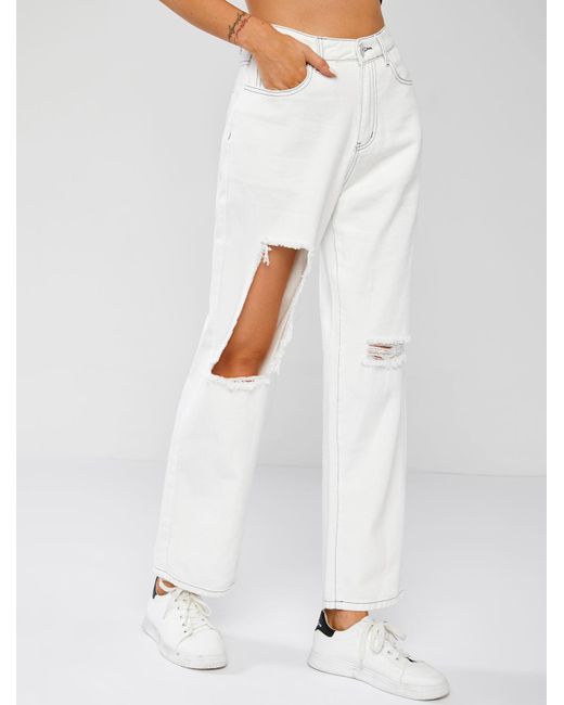 Zaful Exposed Seam Ripped Jeans in White Lyst
