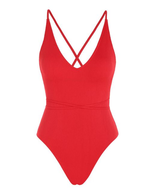 Zaful Ribbed Solid Color Backless Tie Back Chest Pad Bikini Swimwear in Red  | Lyst