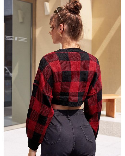 Zaful Plaid Drop Shoulder Crop Sweater 