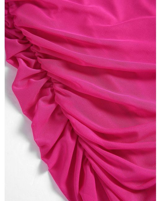 Zaful Pink Sexy Lace Insert Mesh Overlay Spaghetti Strap Ruched Backless Slit Midi Bodycon Pencil Dress