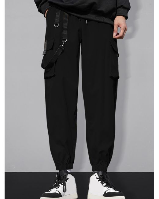 Zaful Strap Design Solid Color Streetwear Cargo Pants in Black for 