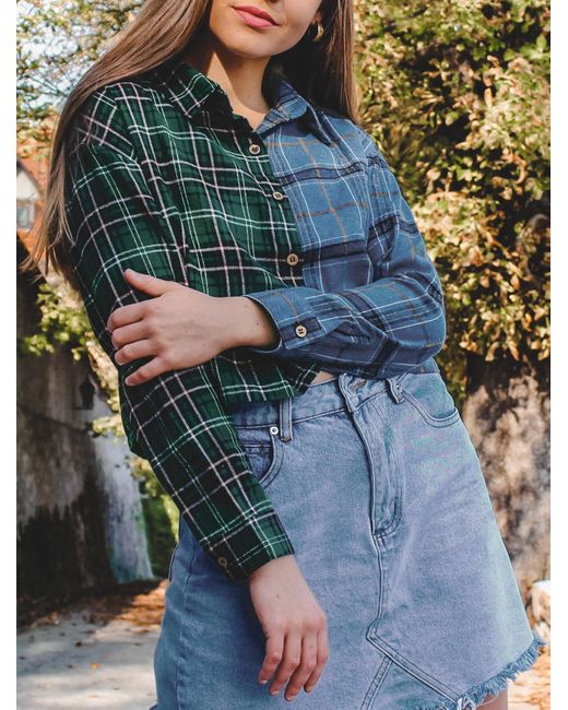 ZAFUL Women's Jackets Button Down Colour Blocking Plaid Flannel Shirt Jacket - Green - Casual Jackets