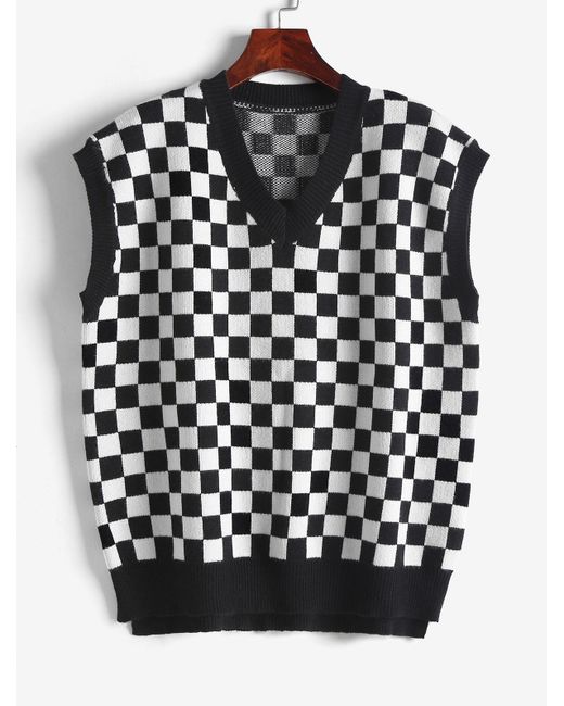 Zaful Checkerboard Split Hem Sweater Vest in Black | Lyst