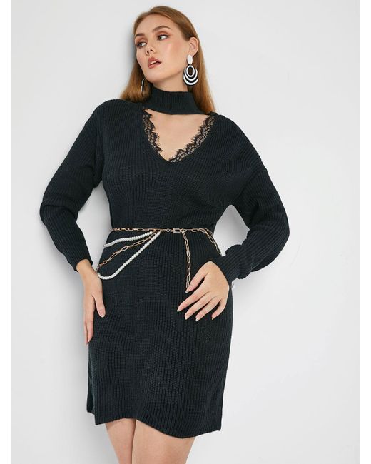 Lace Trim Cutout Choker Sweater Dress 