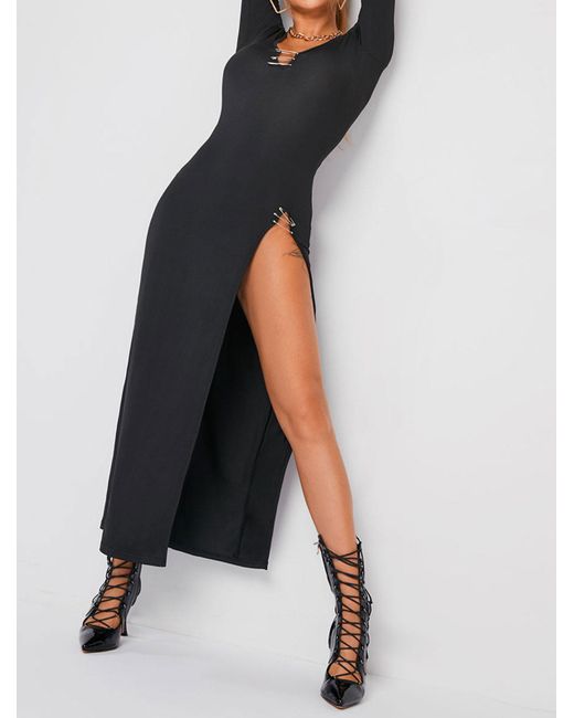 Zaful Maxi Long Sleeve Paper Slip Thigh Slit Plunge Maxi Dress in Black |  Lyst