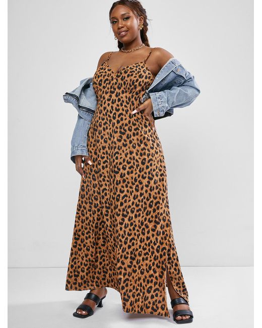 Zaful Dress Plus Size Leopard Print High Slit Cami Dress | Lyst