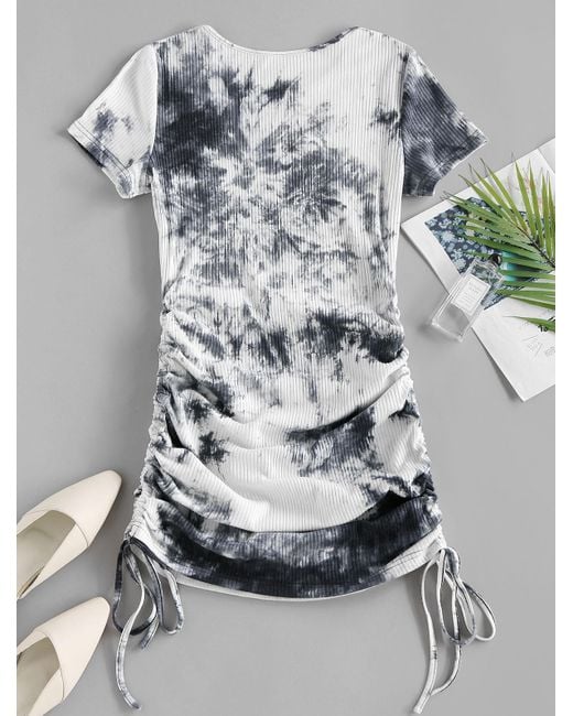 cinched tie dye ribbed bodycon dress