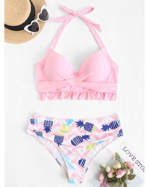 Zaful Bikini Plus Size Halter Pineapple Chevron Ruffle Push Up Bikini  Swimwear Xl in Light Pink (Pink) | Lyst