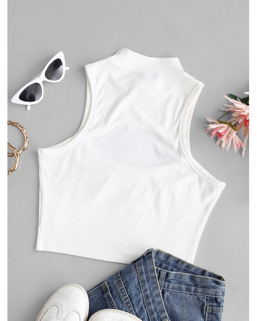 ZAFUL Women's Tank Tops Ribbed Cutout Mock Neck Tank Top - White - Sleeveless Tops