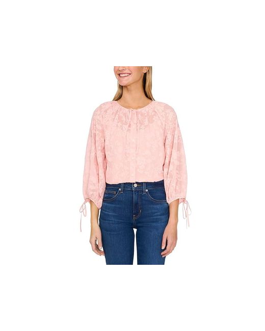 Cece Blue Button Up Top W/ Puff Sleeves Front Tie Clothing, Polyester