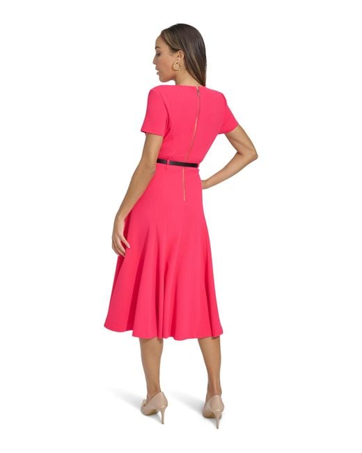 Calvin Klein Red Short Sleeve A-line Midi Dress With Belt