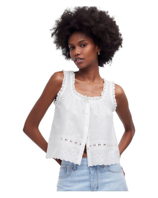 Madewell White Embroidered Ruffle-trim Top