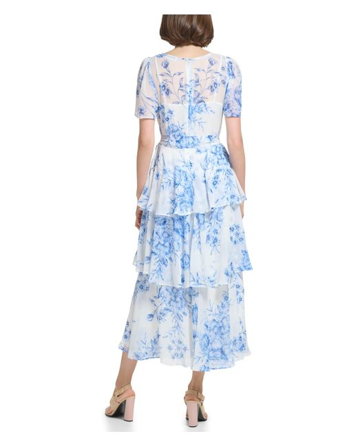 Calvin Klein Blue Midi Chiffon Dress With Pleated Skirt