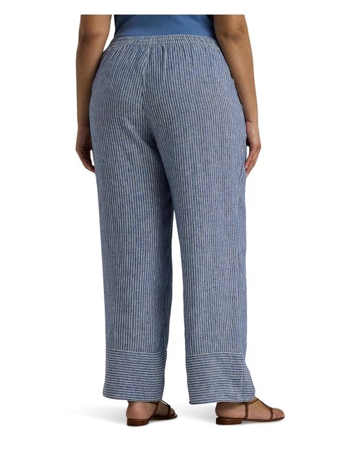 Lauren by Ralph Lauren Blue Plus-size Pinstripe Linen Wide-leg Pant