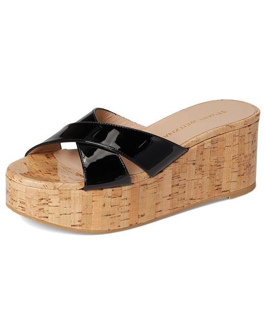 Stuart Weitzman Black Dayna Wedge Slide Wedge Shoes, Leather