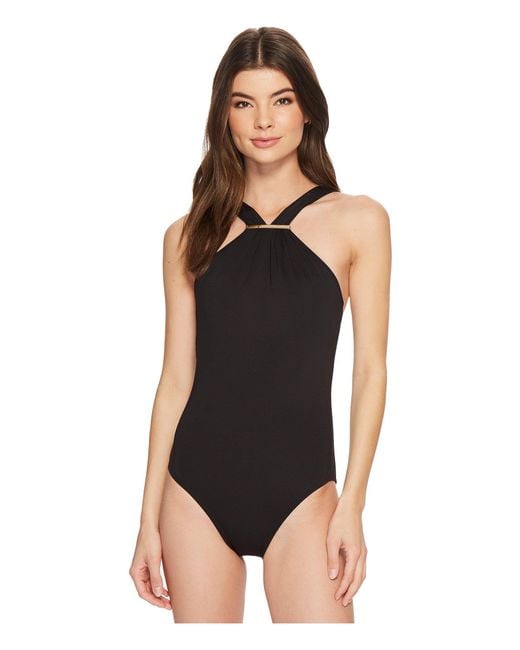 MICHAEL Michael Kors Black Iconic Solids Logo Bar High Neck One-piece Swimsuit W/ Removable Soft Cups