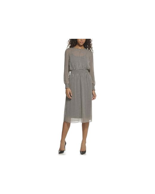 Tommy Hilfiger Multicolor Houndstooth Print Smock Chiffon Midi (Bisque) Dress