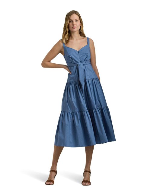 Lauren by Ralph Lauren Blue Cotton-blend Tie-front Tiered Dress