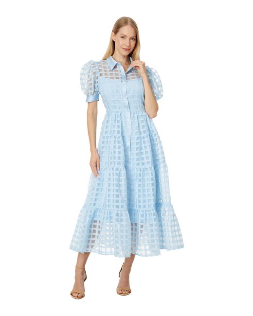 English Factory Blue Gridded Organza Tiered Maxi Dress