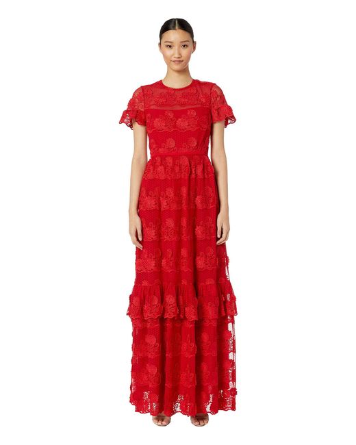 ML Monique Lhuillier Red Short Sleeve Lace Dress (flame) Women's Dress