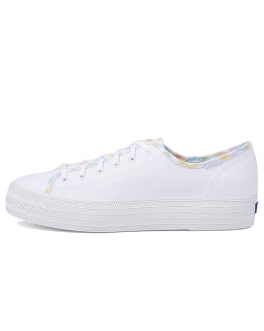 Keds White Triple Kick Canvas Lace Up Casual Shoes/Multi Gingham Binding 7.5 B