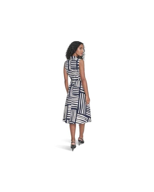 Calvin Klein Black Geo Print Faux Wrap Dress Dress Indgo/Cream, Polyester/Spandex