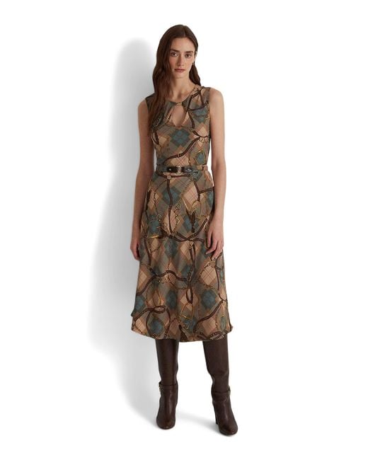 Lauren by Ralph Lauren Plaid Belted Dress in Brown Lyst