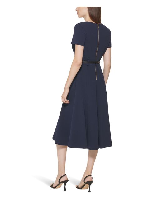 Calvin Klein Blue Belted Short Sleeve Midi Dress