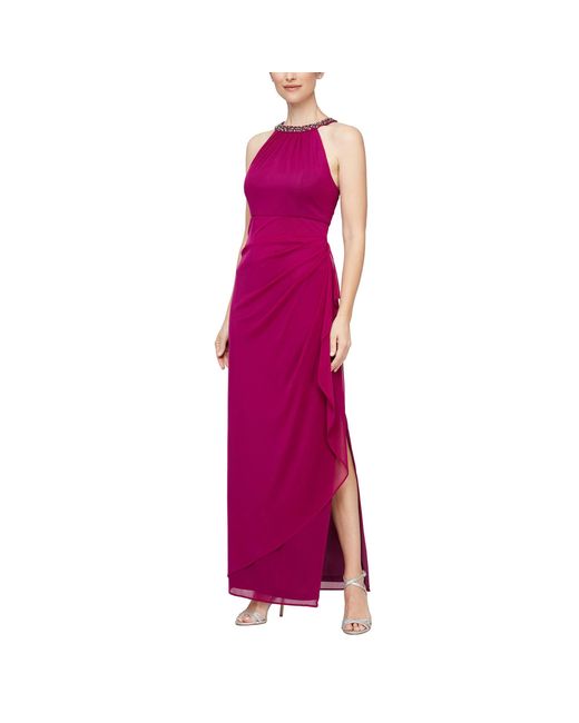 Alex Evenings Beaded Halter Long Gown With Side Ruching in Purple | Lyst
