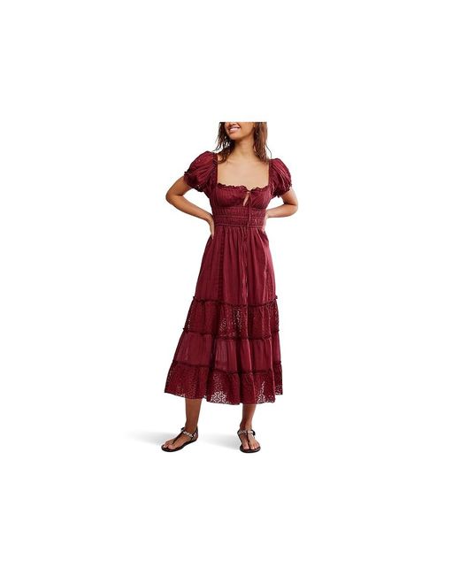 Free People Red Falling Sun Midi Dress Dress Sm 4-6) Cotton/Nylon