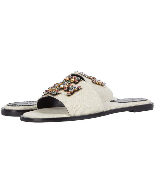 Tory Burch Natural Ines Flat Embellished Linen & Leather Sandals