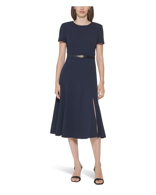 Calvin Klein Blue Belted Short Sleeve Midi Dress