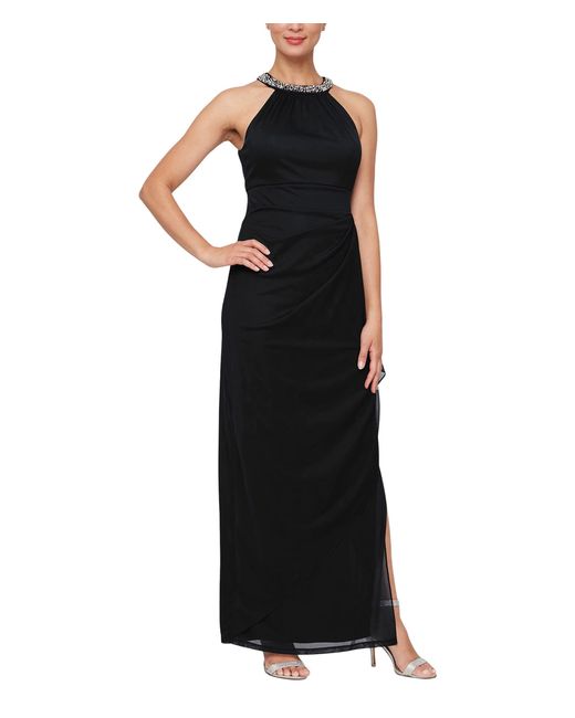 Alex Evenings Beaded Halter Long Gown With Side Ruching in Black | Lyst