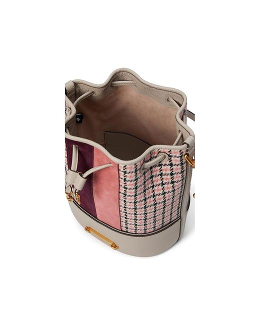 Kate Spade Red Gramercy Racing Stripe Plaid Twill Fabric Medium Bucket Bag (Mushroom Multi) Handbags