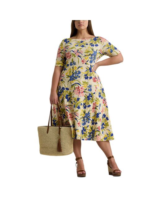 Lauren by Ralph Lauren Yellow Plus-size Floral Stretch Cotton Midi Dress