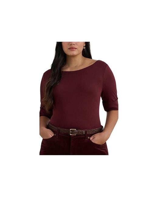 Ralph Lauren Red Plus Size Cotton Boat Neck T-Shirt T Shirt, Cotton/Cotton Blend/Jersey