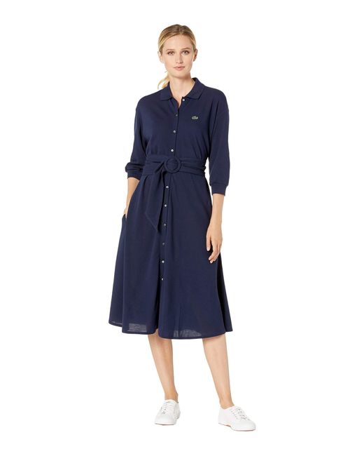 Lacoste Cotton S Long Sleeve Belted Supple Pique Belted Shirt Dress Casual  Dress in Navy Blue (Blue) | Lyst