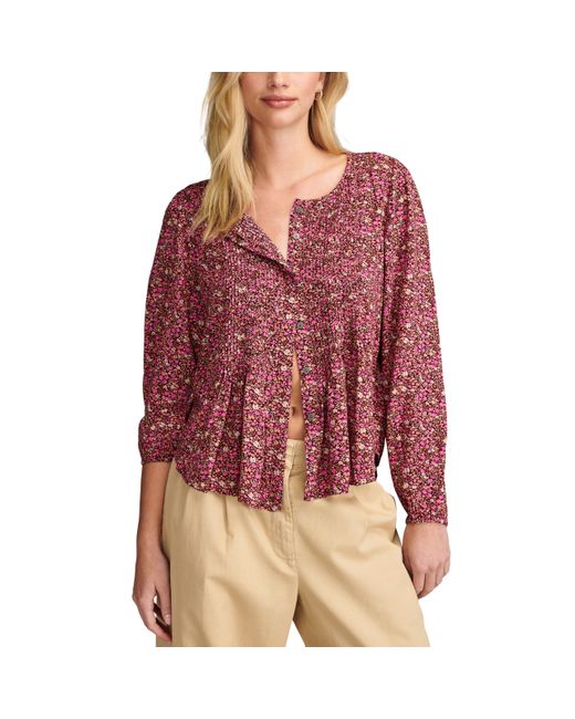 Lucky Brand Red Printed Button Down Pintuck Top