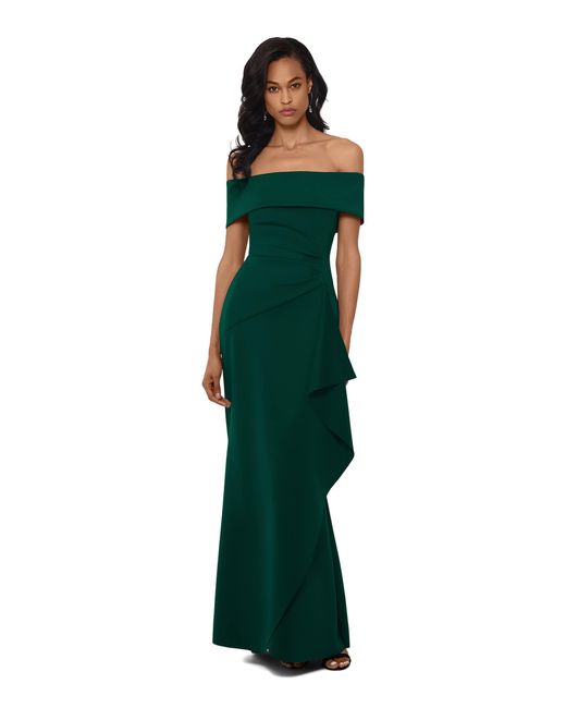 Xscape Long Scuba Off-the-shoulder Dress in Green | Lyst