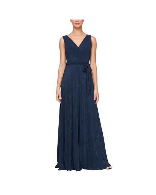 Alex Evenings Blue Long Glitter Mesh Dress With Surplice Neckline And Tie Belt