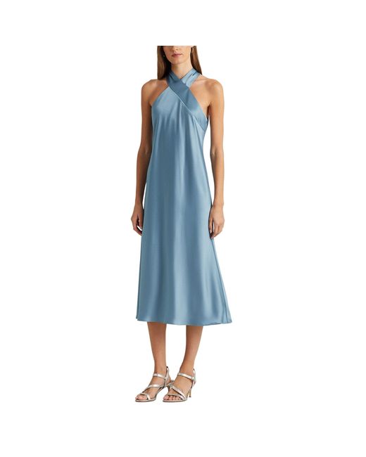 Lauren by Ralph Lauren Satin Charmeuse Halter Cocktail Dress in Blue Lyst