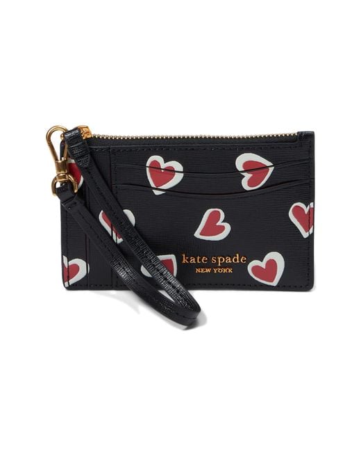 Kate Spade Black Morgan Stencil Hearts Embossed Printed Saffiano Leather Coin Card Case Wristlet